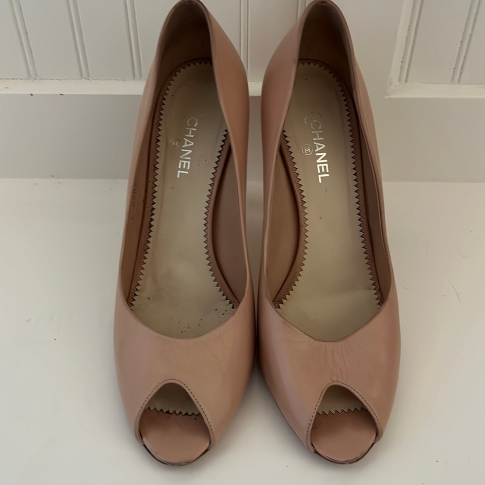 CHANEL Peep Toe Pearl Heels